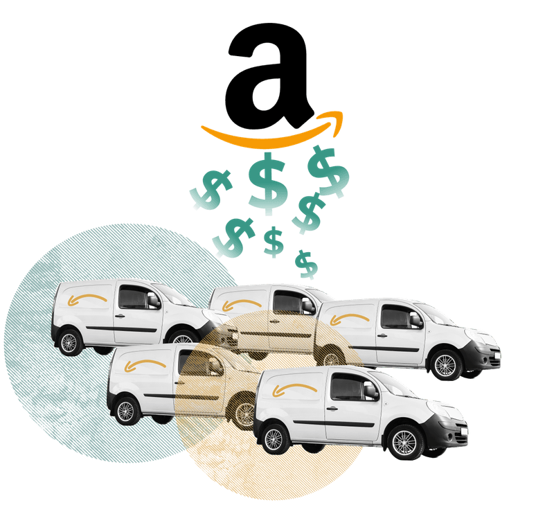 Five Amazon trucks with upside down Amazon arrows on them, under the Amazon logo with dollar signs seeming to grow larger and flow upwards from the trucks to the Amazon symbol. 