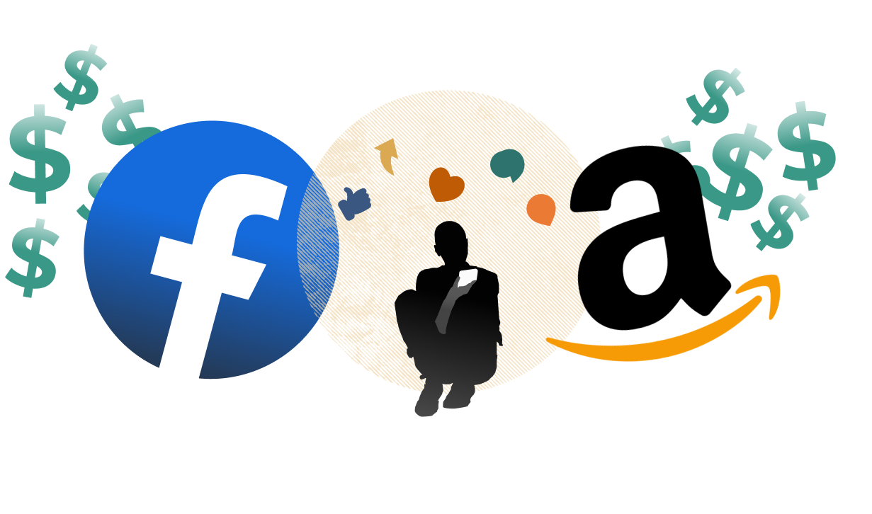 A human silhouette with social media buttons floating above them, situated in between Amazon and Facebook logos. Dollar signs float into the logos.