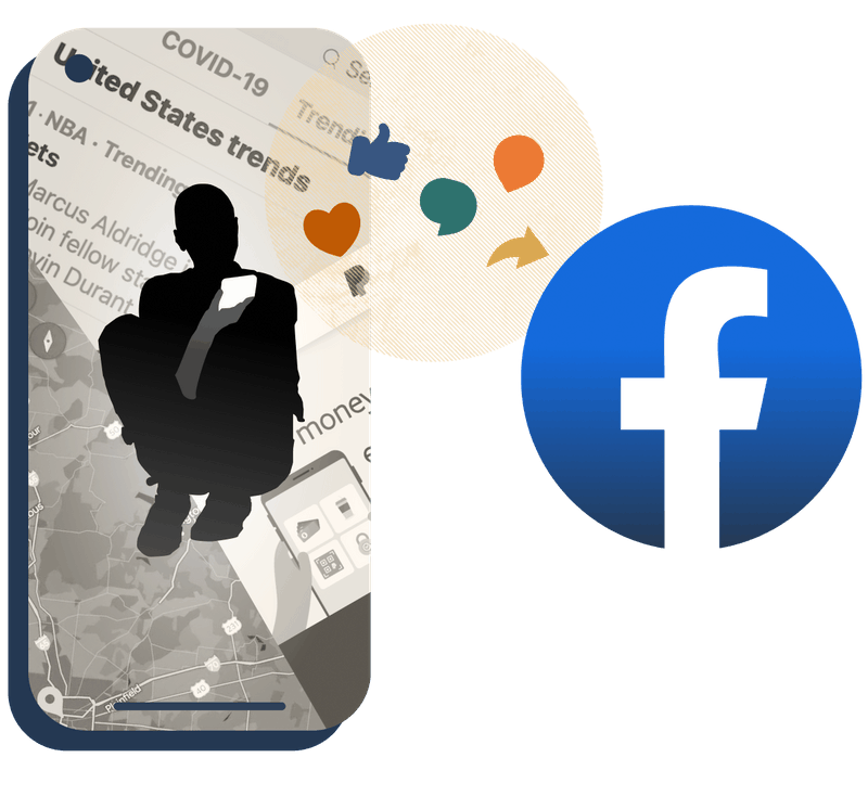A human silhouette holding a phone inside a larger phone overlaid with news clippings. From the human silhouette’s phone, social media buttons flow into a Facebook logo.