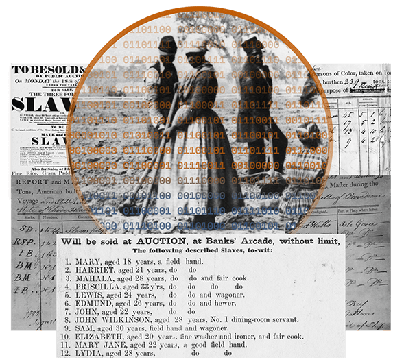 Three enslaved people hoeing and plowing the earth on a plantation overlayed with binary code. Historical records of slave auction papers in the background and foreground.