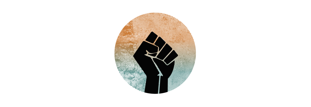 A fist symbolizing black power overlaid on a green and orange circle.
