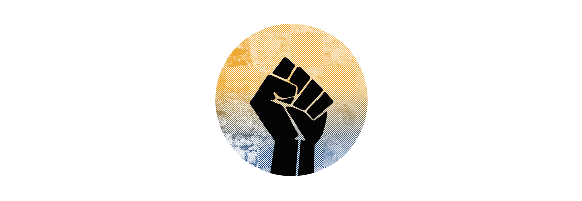 A fist symbolizing black power overlaid on a blue and yellow circle.