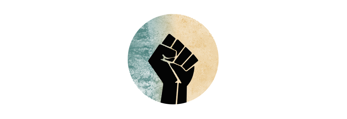 A fist symbolizing black power overlaid on a green and yellow circle.