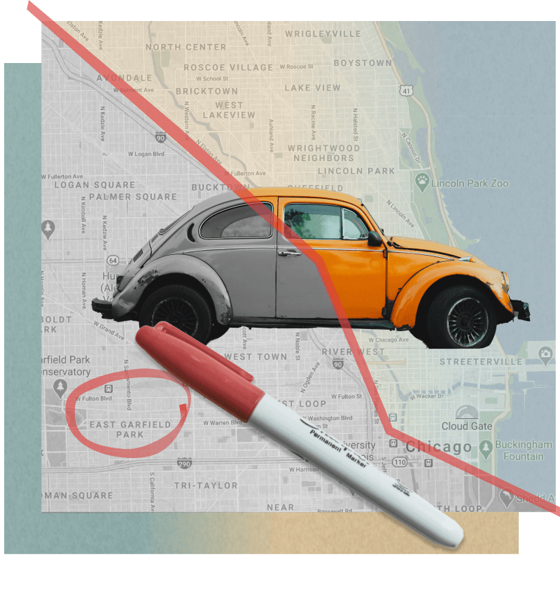A Google map of Chicago with a rusty car overlayed on top. A red marker divides the map in two diagonally. The bottom left side is in black and white while the top right side is in color. On the map East Garfield is circled in red marker. 