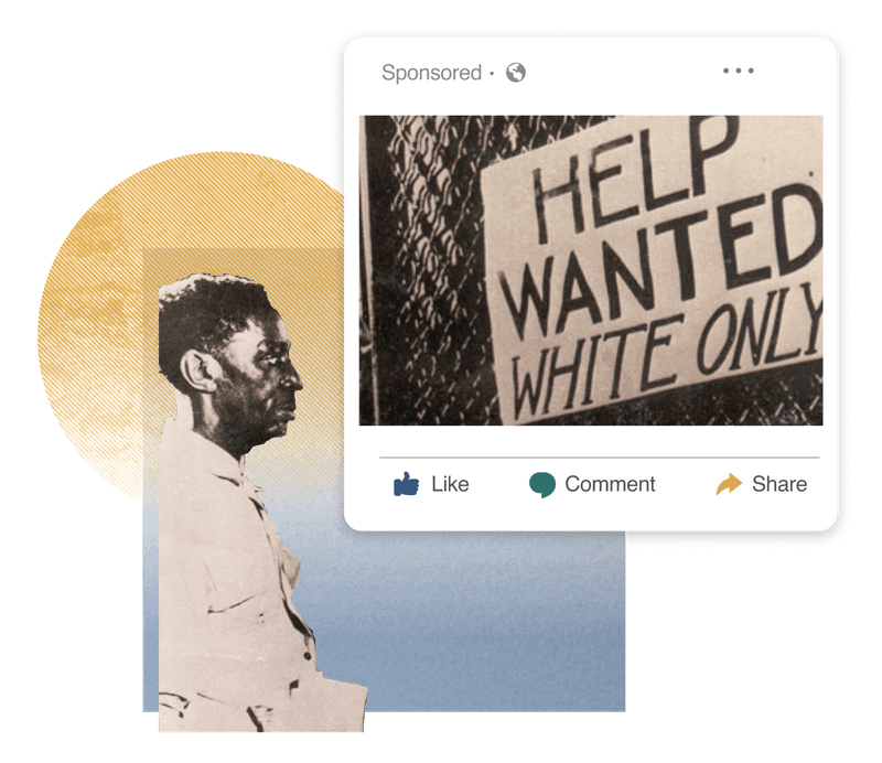 A sign from the 1930s reading “Help Wanted White Only” inside a Facebook ad frame. Outside the frame, a Black person looks towards the sign. 