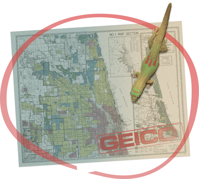 A redlined map of Chicago from 1940 with a gecko, evocative of the Geico gecko, sitting on top. A circle drawn in red marker drawn over the map and gecko.