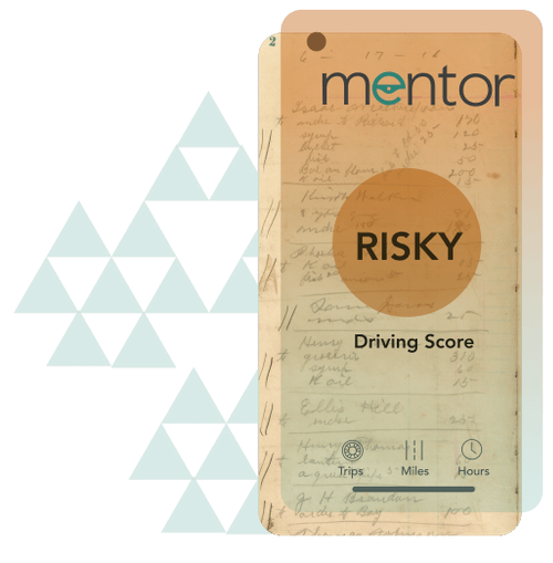 A phone screen overlaying a sharecropper’s ledger and the Mentor app. Screen reads “risky driving score”. 